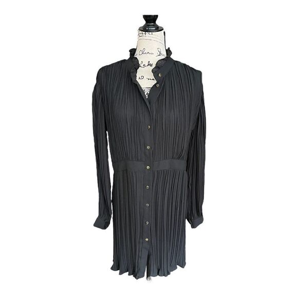 Black Dress Accordian Pleats Button Front Long Sleeves and Ruffle Neck size 4XL - Picture 1 of 8